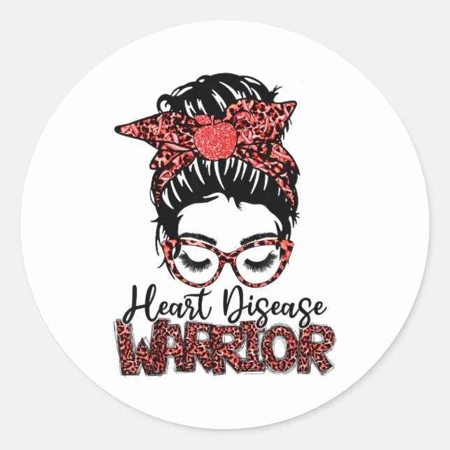 Heart Disease Warrior Red Ribbon Messy Hair Bun Te Runder Aufkleber (Vorderseite)