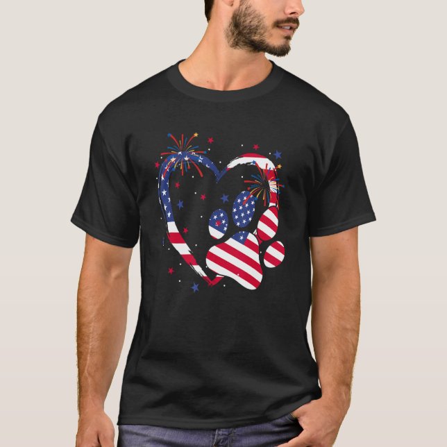 Heart Dog Paw American Flag Firework 4th Of July P T-Shirt (Vorderseite)