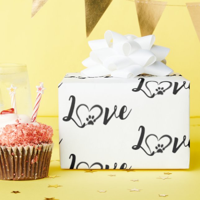 Heart Dog Paw Print With Love Text Geschenkpapier (Geburtstagsparty)