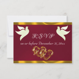 Heart, Doves & Ribbon - Burgundy/Gold RSVP Karte