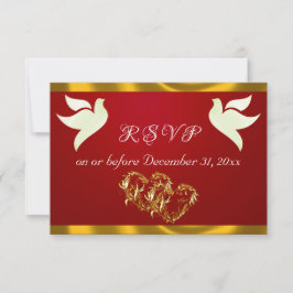 Heart, Doves & Ribbon - Crimson/Gold RSVP Karte
