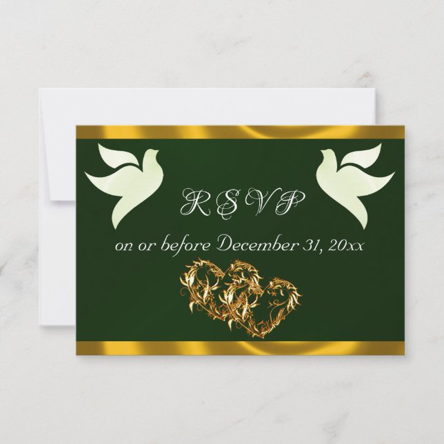 Heart, Doves & Ribbon - Emerald/Gold RSVP Karte (Vorderseite)