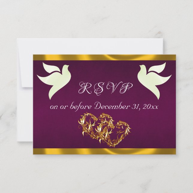 Heart, Doves & Ribbon - Purple/Gold RSVP Karte (Vorderseite)