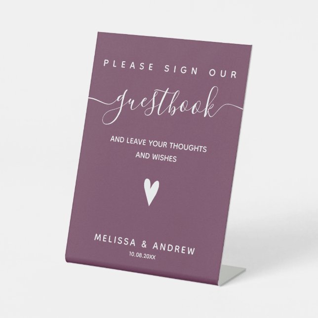 Heart & Elegante Script - Wedding Guestbook Signie Sockelschild (Vorderseite)