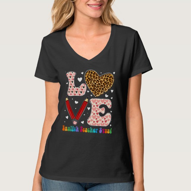 Heart English Teacher Squad Leopard Plaid Valentin T-Shirt (Vorderseite)