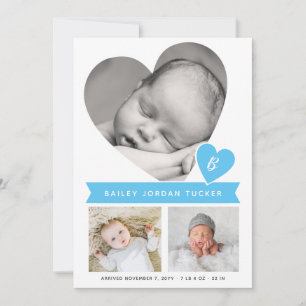Heart Foto Collage Blue Gingham Baby Boy Birth Ankündigung