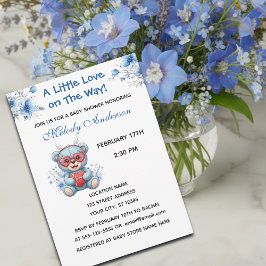 Heart Glasses Teddy Bear Blue Baby Shower Invite Feiertagskarte