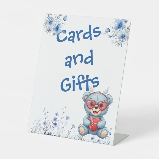 Heart Glasses Teddy Bear Blue Baby Shower  Sockelschild (Vorderseite)