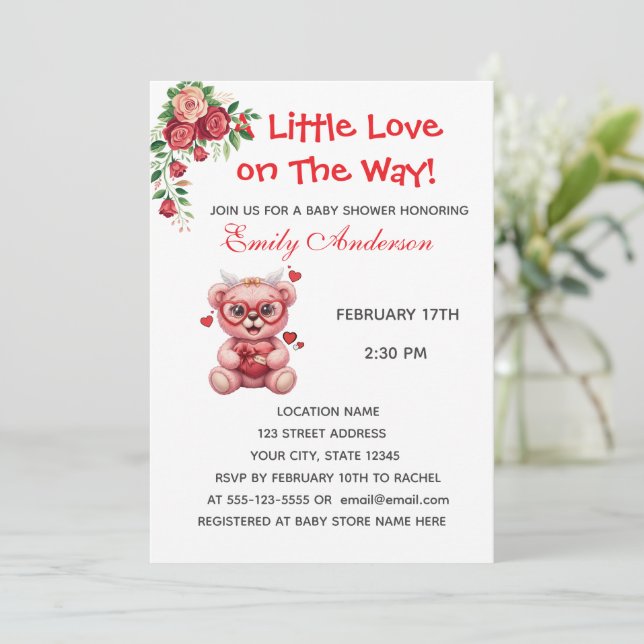 Heart Glasses Teddy Bear Pink Baby Shower Invite (Stehend Vorderseite)