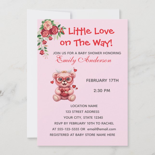 Heart Glasses Teddy Bear Pink Baby Shower Invite (Vorderseite)