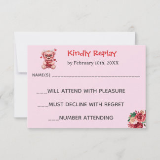 Heart Glasses Teddy Bear Pink Baby Shower RSVP Karte