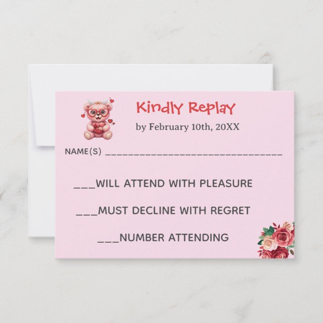 Heart Glasses Teddy Bear Pink Baby Shower  RSVP Karte (Vorderseite)