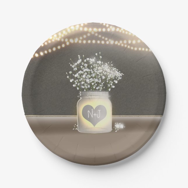 Heart Glows Mason Jar & Gipskraut Wedding Pappteller (Vorderseite)