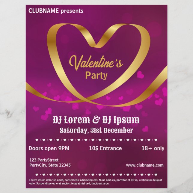 Heart Gold Ribbon Lila Valentins Party Flyer (Vorne)