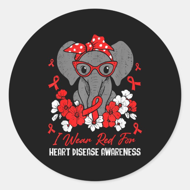 Heart Health Elephant Red Ribbon Heart Disease Awa Runder Aufkleber (Vorderseite)