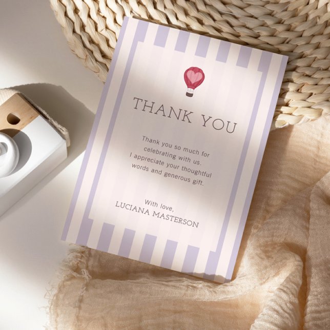 Heart Hot Air Ballon Pastel Lila Baby Dusche Dankeskarte (Von Creator hochgeladen)