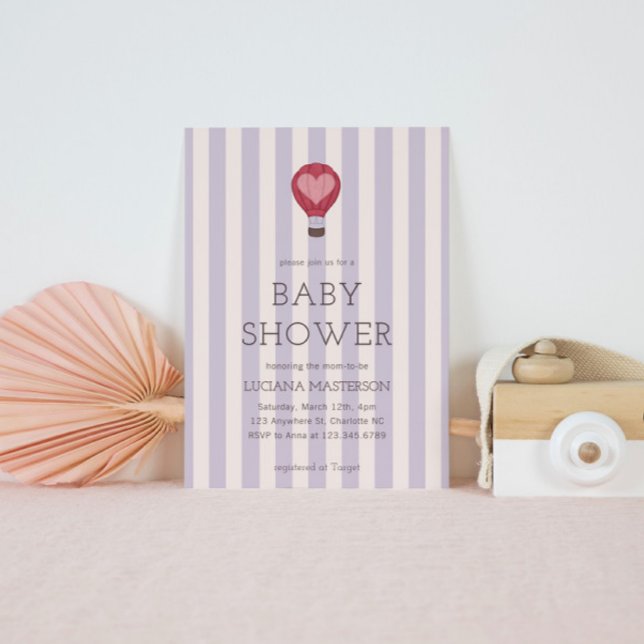 Heart Hot Air Ballon Pastel Lila Baby Dusche Einladung (Von Creator hochgeladen)