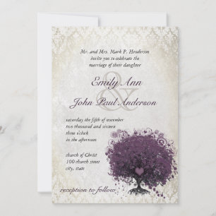 Heart Leaf Eggplant Tree Vintag Damask Wedding Einladung
