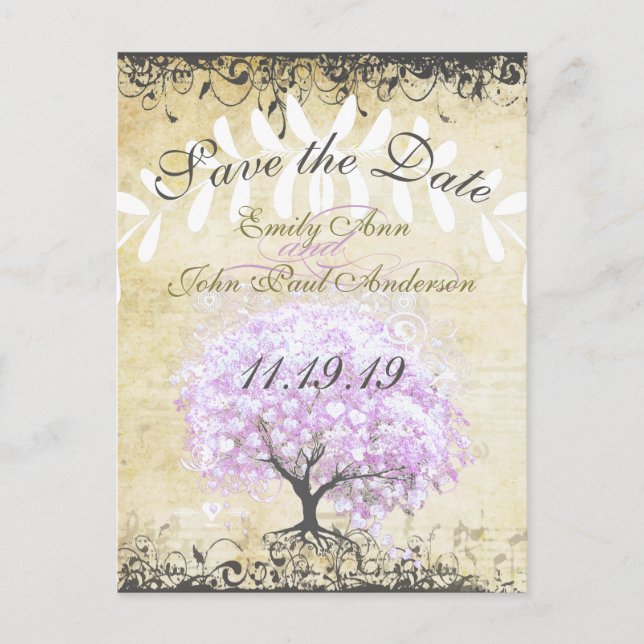 Heart Leaf Lavender Tree Vintag Bird Wedding Ankündigungspostkarte (Vorderseite)