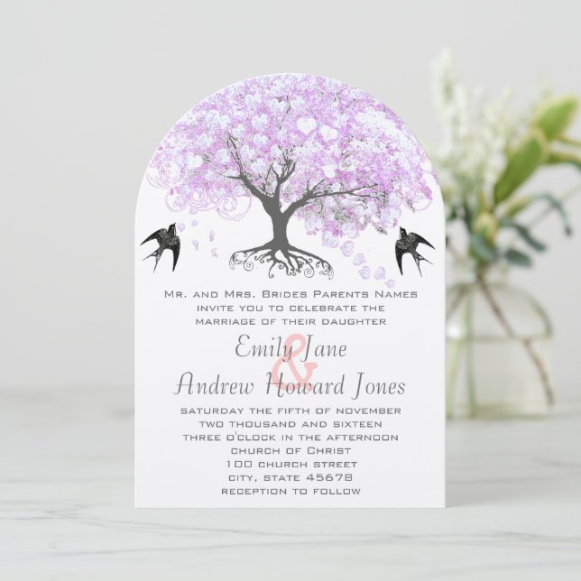 Heart Leaf Lavender Tree Vintag Bird Wedding Einladung (Stehend Vorderseite)