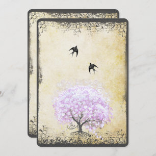 Heart Leaf Lavender Tree Vintag Bird Wedding Einladung