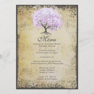 Heart Leaf Lavender Tree Vintag Bird Wedding Menükarte