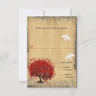 Heart Leaf Red Tree Dove Love Bird Wedding RSVP Karte