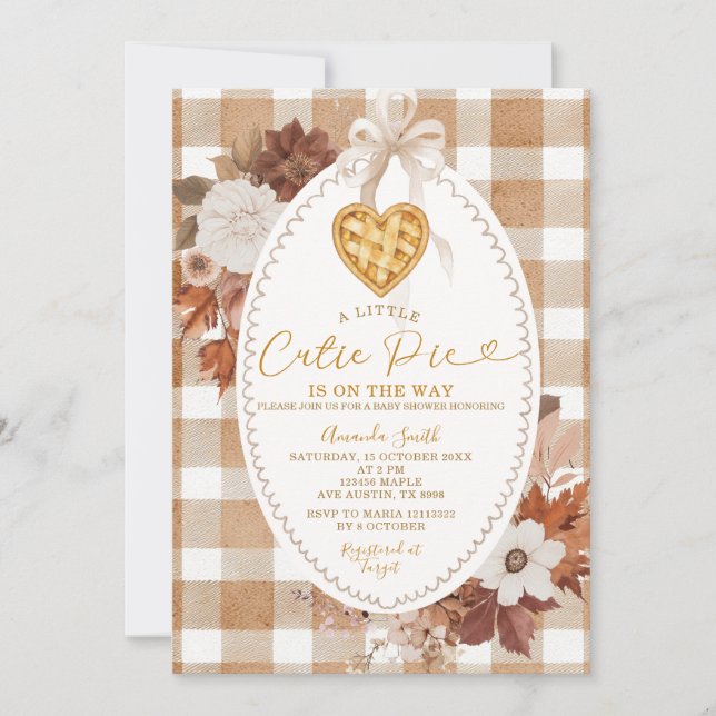 Heart Little Cutie Pie Brown Gingham Baby Shower Einladung (Vorderseite)