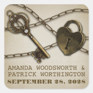 Heart Lock und Skeletton Key Gastgeschenk Hochzeit Quadratischer Aufkleber