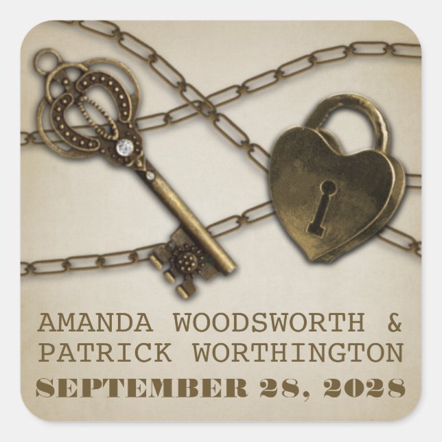 Heart Lock und Skeletton Key Gastgeschenk Hochzeit Quadratischer Aufkleber (Vorderseite)