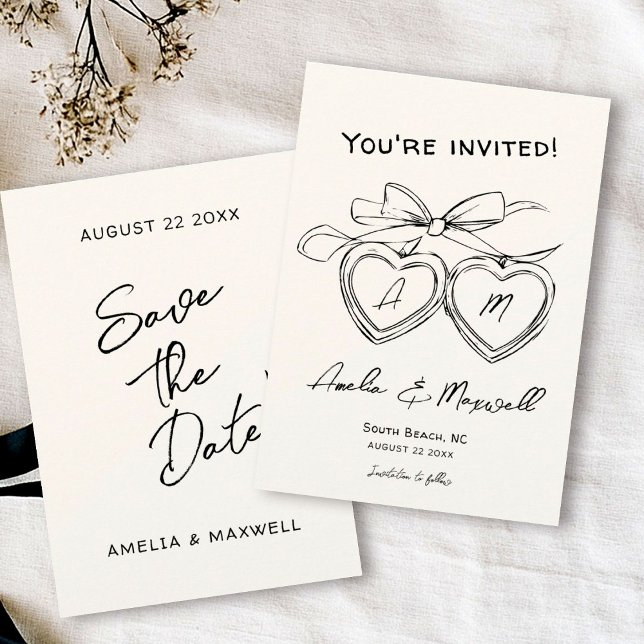 Heart Locket Niedlich Moderne Monogram Bow Wedding Save The Date (Von Creator hochgeladen)