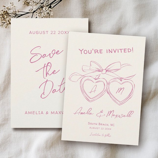 Heart Locket Niedlich Moderne Monogram Pink Bow We Save The Date (Von Creator hochgeladen)