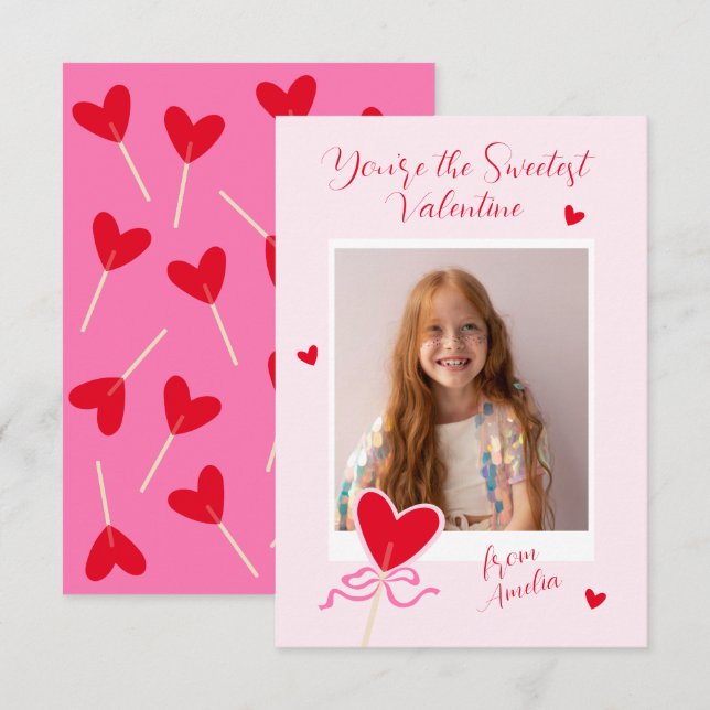 Heart Lollipop Photo Bow Sweetest Valentine Love Mitteilungskarte (Vorne/Hinten)