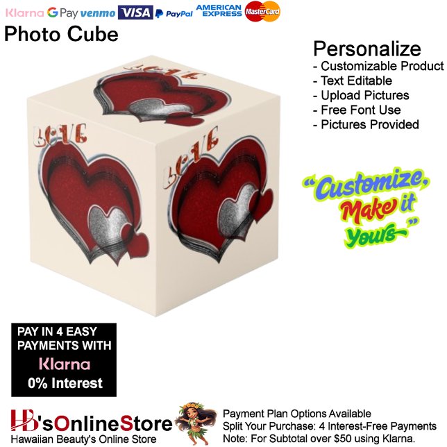 Heart Magic Beige Foto Cube Würfel (Love Heart Red Silver with Beige Background Cube.)