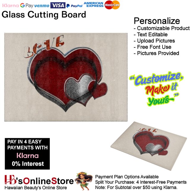 Heart Magic Beige Glass Cutting Board 38,1x27,9cm Schneidebrett (Love Heart Beige Cooking Glass Cutting Board.)