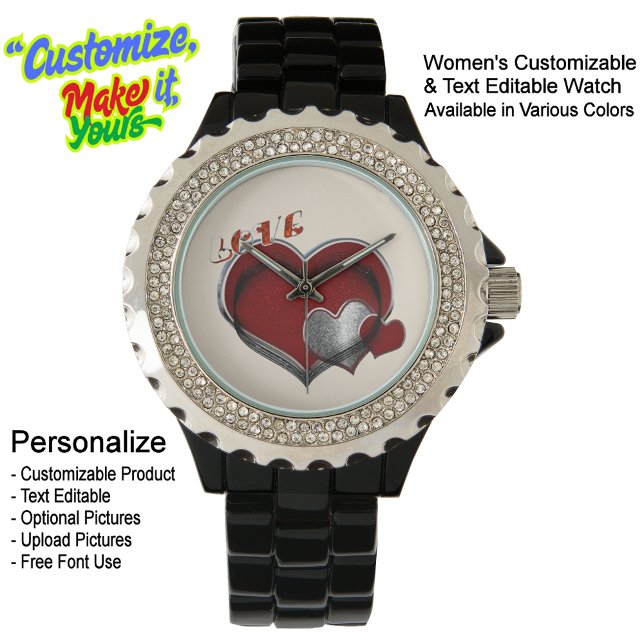 Heart Magic Beige Kristall Black Enamel Armbanduhr (Women's Heart Magic Black Rhinestone Enamel Watch Featuring Beige Face.)