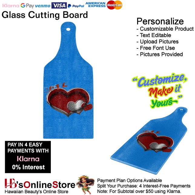Heart Magic Blue Glass Cutting Board Paddel Schneidebrett (Love Heart Blue Cooking Kitchen Glass Cutting Board.)
