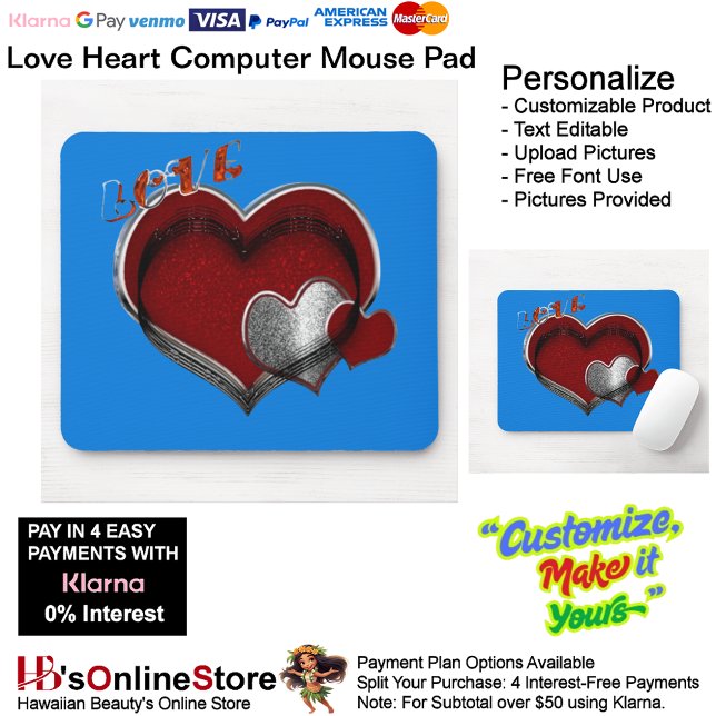 Heart Magic Blue Mouse Pad Mousepad (Love Heart Computer Mouse Pad with Blue Background.)