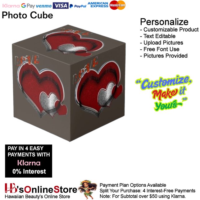 Heart Magic Brown Foto Cube Würfel (Love Heart Red Silver with Brown Background Cube.)