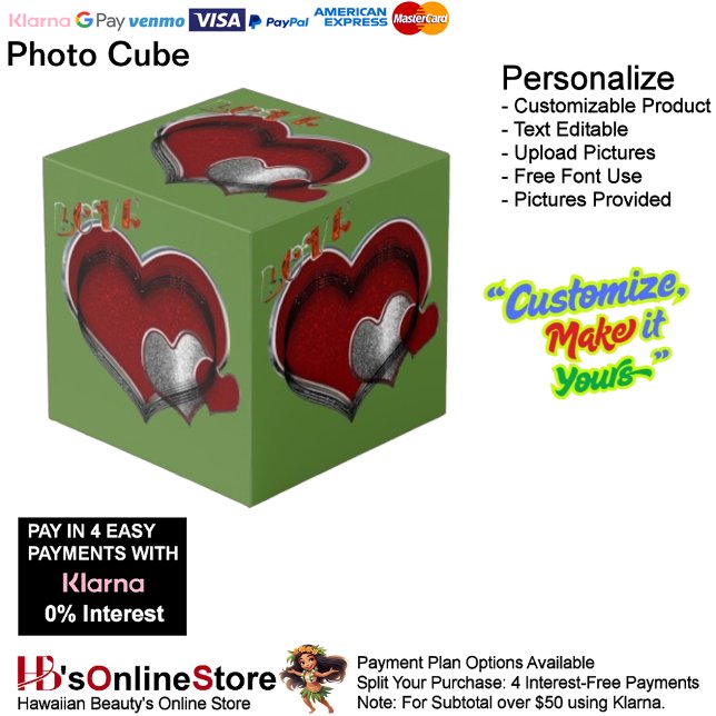 Heart Magic Green Foto Cube Würfel (Love Heart Red Silver with Green Background Cube.)