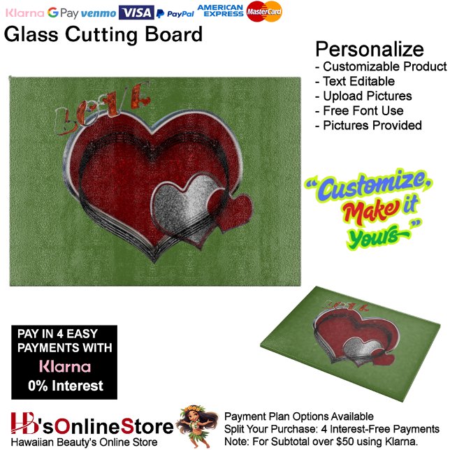 Heart Magic Green Glass Cutting Board 38,1x27,9cm Schneidebrett (Love Heart Green Cooking Glass Cutting Board.)
