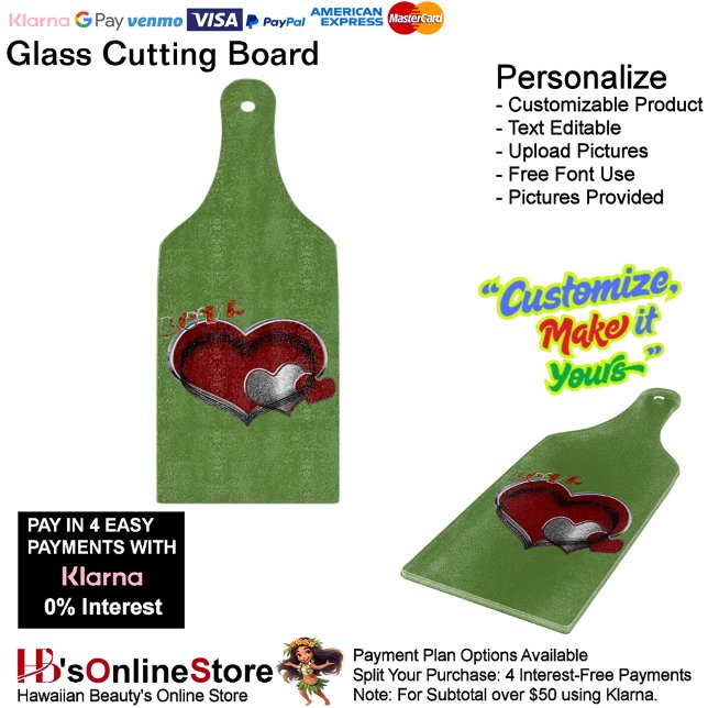 Heart Magic Green Glass Cutting Board Paddel Schneidebrett (Love Heart Green Cooking Kitchen Glass Cutting Board.)