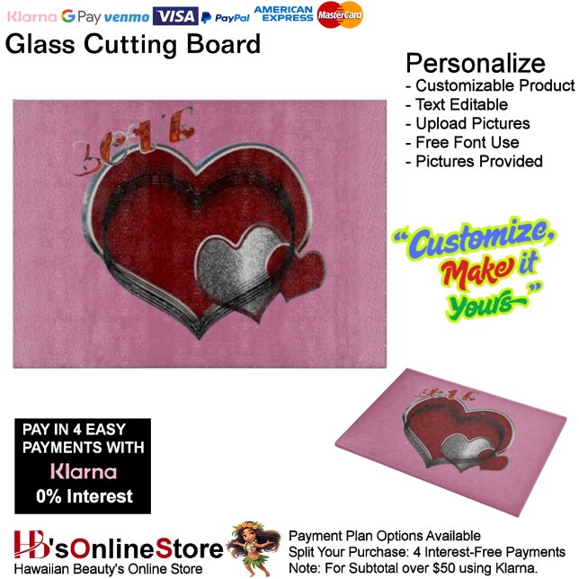 Heart Magic Pink Glass Cutting Board 38,1x27,9cm Schneidebrett (Love Heart Pink Cooking Glass Cutting Board.)