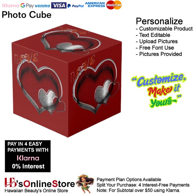 Heart Magic Red Foto Cube Würfel (Love Heart Red Silver with Red Background Cube.)