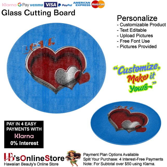 Heart Magic Round Blue Glass Cutting Board 30,4 cm Schneidebrett (Love Heart Blue Cooking Kitchen Glass Cutting Board.)