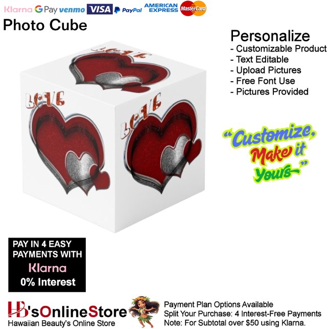 Heart Magic White Foto Cube Würfel (Love Heart Red Silver with White Background Cube.)