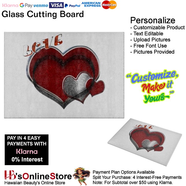 Heart Magic White Glass Cutting Board 38,1x27,9cm Schneidebrett (Love Heart White Kitchen Cooking Glass Cutting Board.)