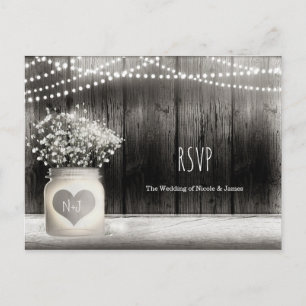 Heart Mason Jar & Babys Breath Rustic Wedding RSVP Einladungspostkarte