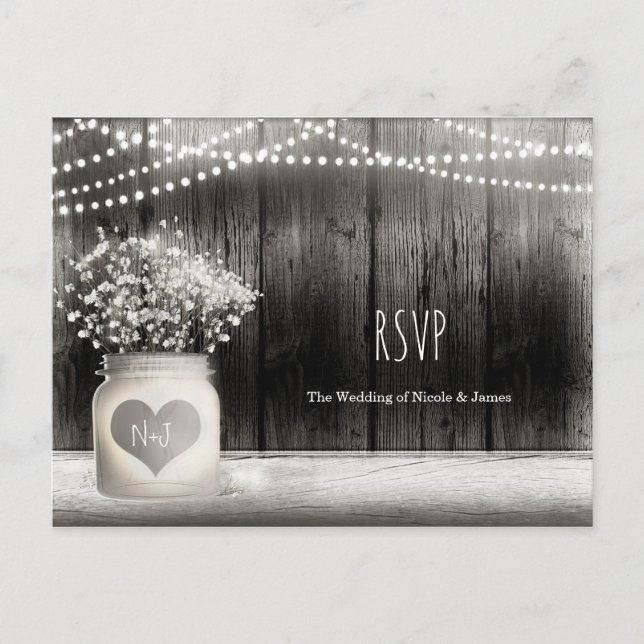 Heart Mason Jar & Babys Breath Rustic Wedding RSVP Einladungspostkarte (Vorderseite)