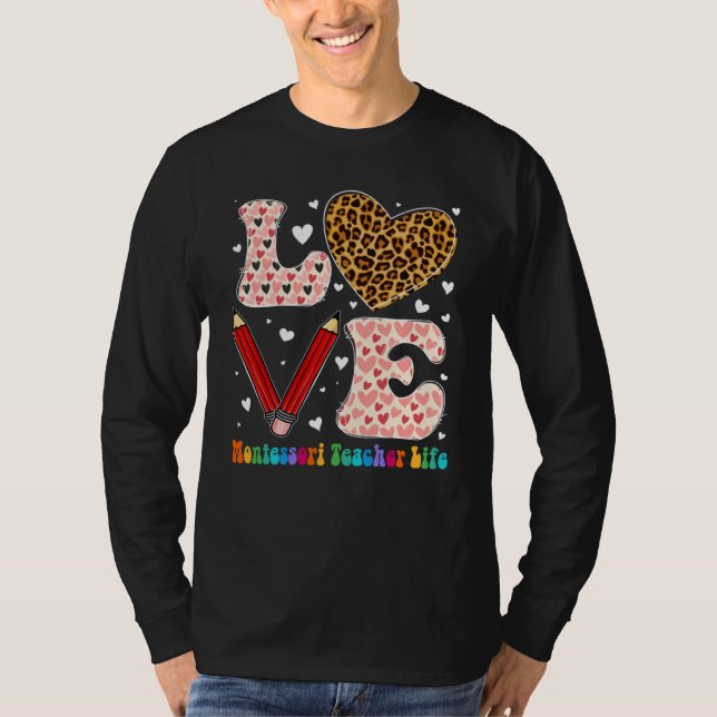 Heart Montessori Teacher Life Leopard Plaid Valent T-Shirt (Vorderseite)